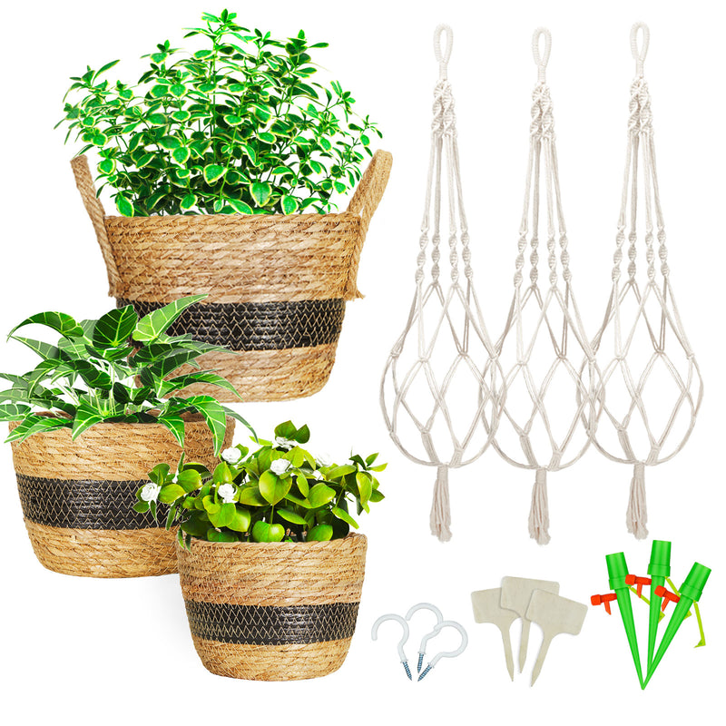 rope hanging baskets for plants Greenstell 3 Pcs Macrame Plant Hangers and Hand-woven Seagrass Hanging Planter Black