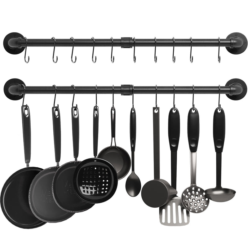 Greenstell Wall Mounted Hanging Pot and Pan Rack Black with 14 Detachable S Hooks Sets
