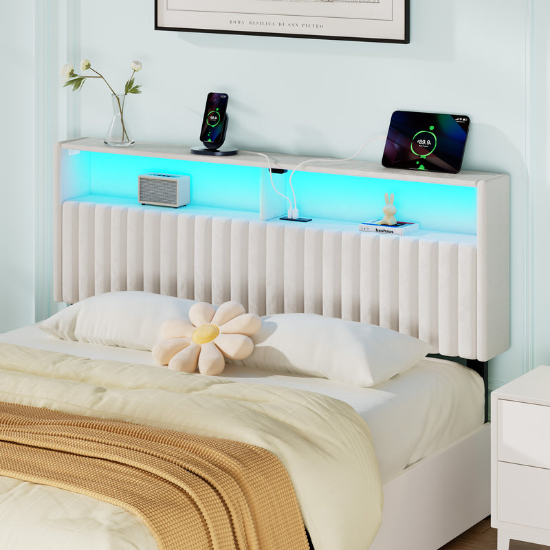 Greenstell Adjustable Storage Headboard Only - Modern Upholstered Head Board with LED Lights, Charging Station & Soft Padding