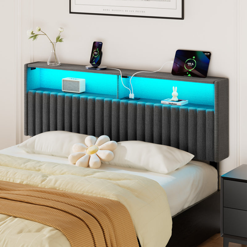 Greenstell Adjustable Storage Headboard Only - Modern Upholstered Head Board with LED Lights, Charging Station & Soft Padding