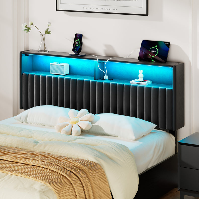 Greenstell Adjustable Storage Headboard Only - Modern Upholstered Head Board with LED Lights, Charging Station & Soft Padding