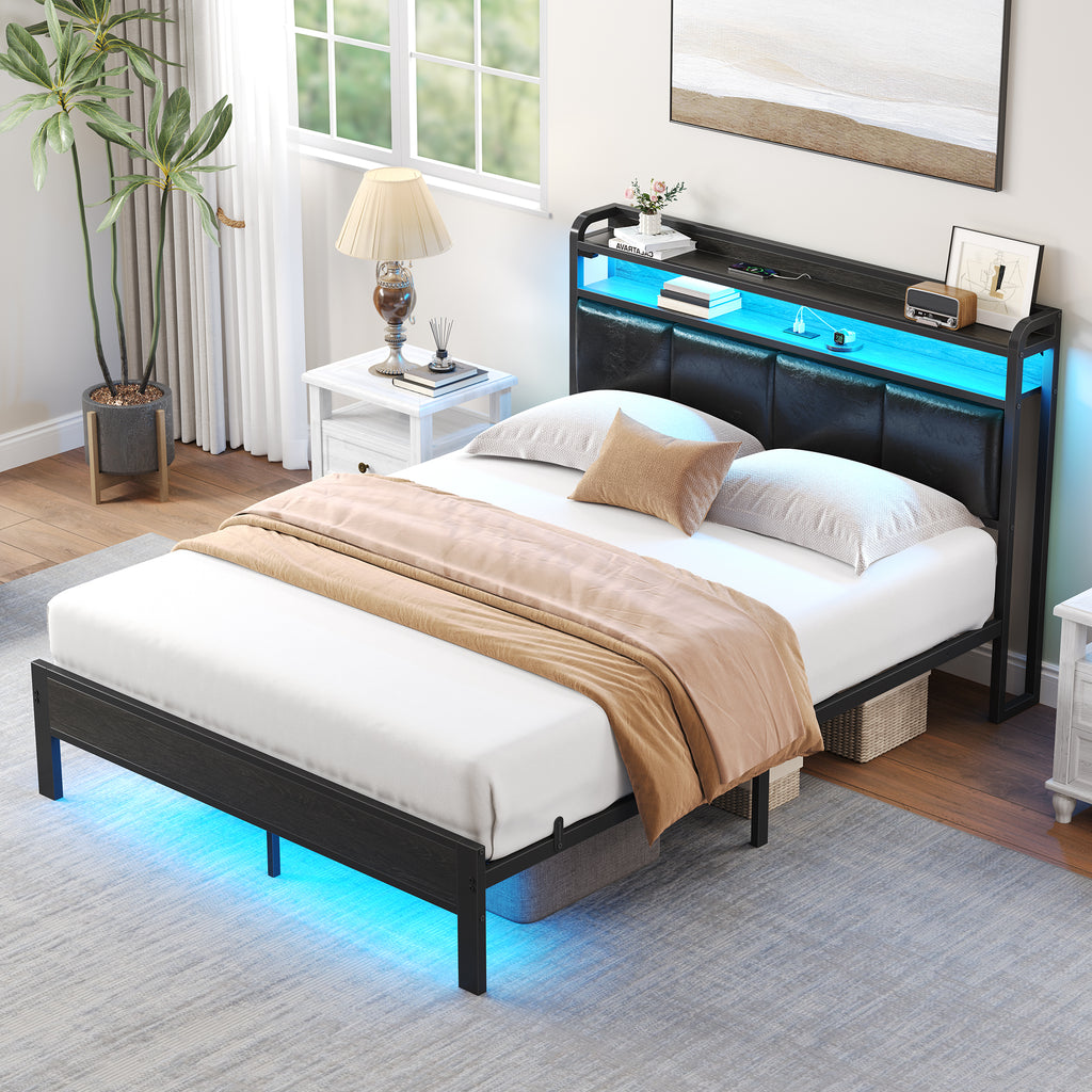 Greenstell Bed Frame with Storage Headboard, Upholstered Bed with Charging Station