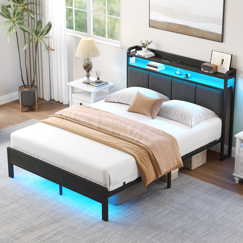 Greenstell Bed Frame with Storage Headboard, Upholstered Bed with Charging Station