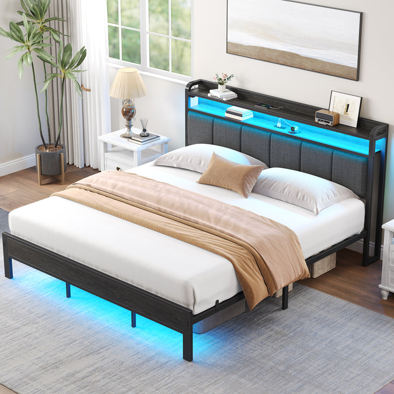 Greenstell Bed Frame with Storage Headboard, Upholstered Bed with Charging Station
