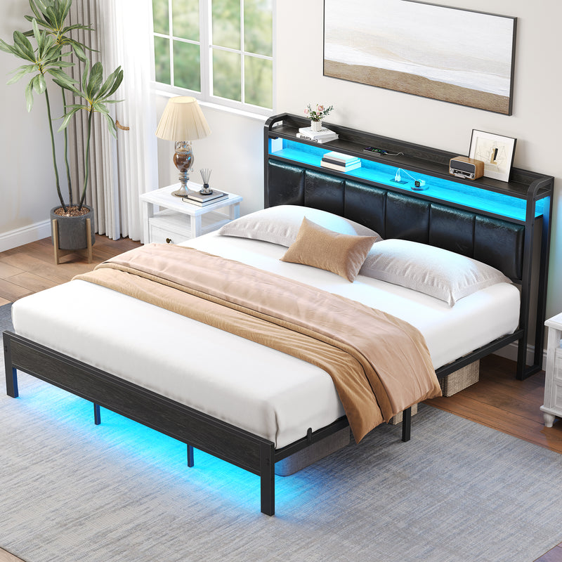 Greenstell Bed Frame with Storage Headboard, Upholstered Bed with Charging Station