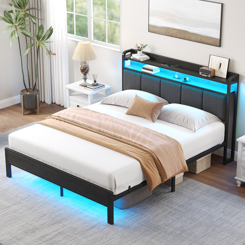 Greenstell Bed Frame with Storage Headboard, Upholstered Bed with Charging Station