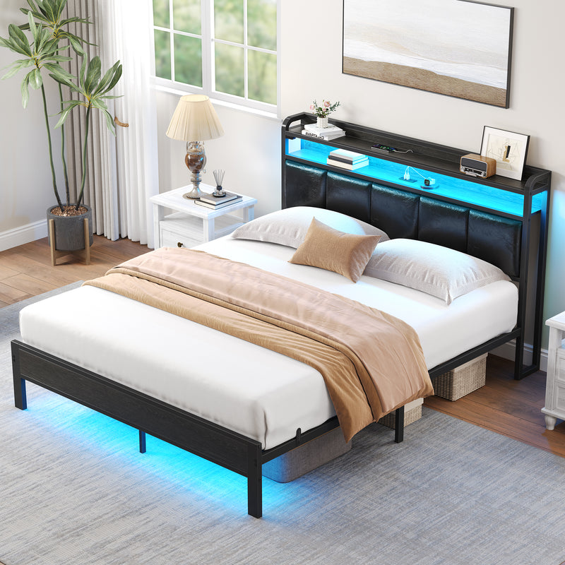 Greenstell Bed Frame with Storage Headboard, Upholstered Bed with Charging Station