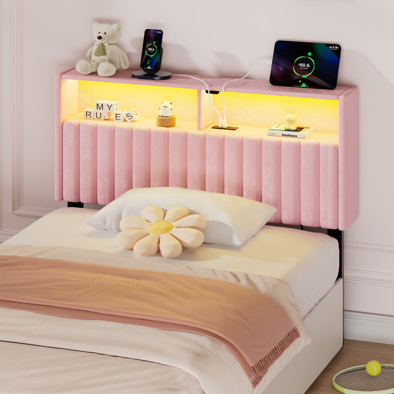 Greenstell Adjustable Storage Headboard Only - Modern Upholstered Head Board with LED Lights, Charging Station & Soft Padding