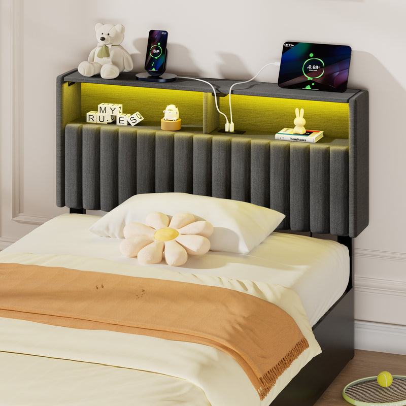 Greenstell Adjustable Storage Headboard Only - Modern Upholstered Head Board with LED Lights, Charging Station & Soft Padding