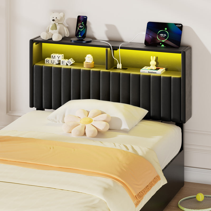 Greenstell Adjustable Storage Headboard Only - Modern Upholstered Head Board with LED Lights, Charging Station & Soft Padding