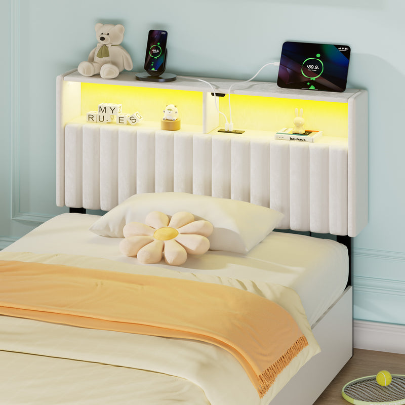 Greenstell Adjustable Storage Headboard Only - Modern Upholstered Head Board with LED Lights, Charging Station & Soft Padding