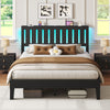 Greenstell Bed Frame with LED Light and Charging Station, Solid Wood Platform Bed with Wooden Headboard for Bedroom