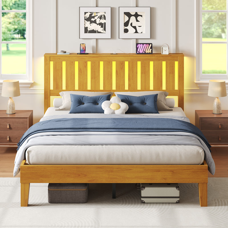 Greenstell Bed Frame with LED Light and Charging Station, Solid Wood Platform Bed with Wooden Headboard for Bedroom