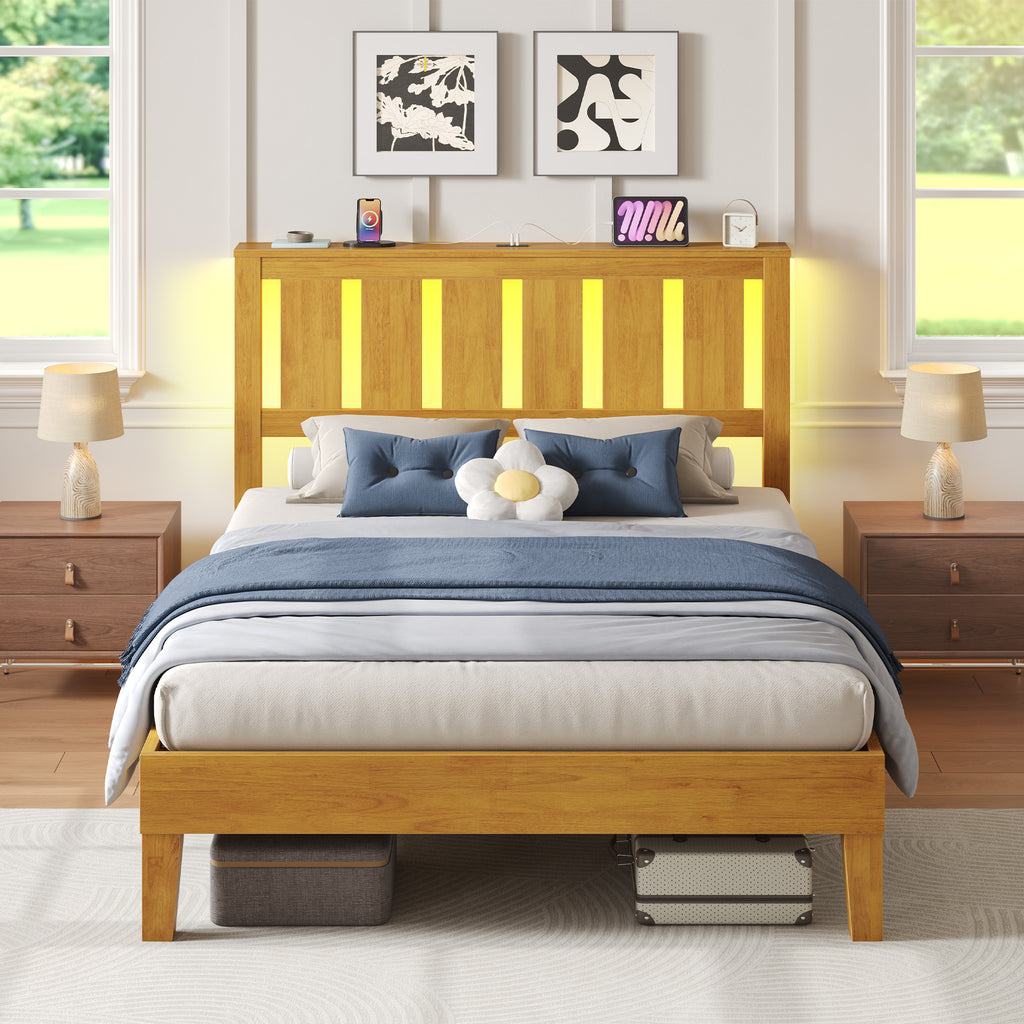 Greenstell Bed Frame with LED Light and Charging Station, Solid Wood Platform Bed with Wooden Headboard for Bedroom