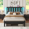 Greenstell Bed Frame with LED Light and Charging Station, Solid Wood Platform Bed with Wooden Headboard for Bedroom