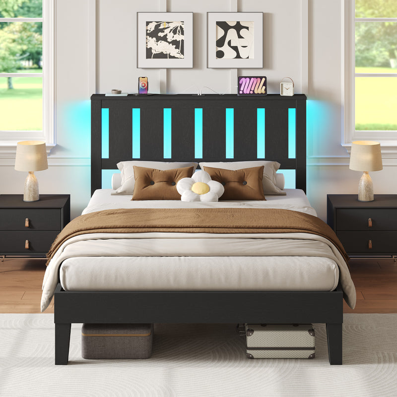 Greenstell Bed Frame with LED Light and Charging Station, Solid Wood Platform Bed with Wooden Headboard for Bedroom