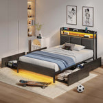 Greenstell Bed with Headboard and Charging Station, Upholstered bed with 4 Drawers and RGB LED Lights