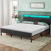 Greenstell LED Light Bed Frame with Storage Wooden Headboard & Charging Station, Metal Bed Platform