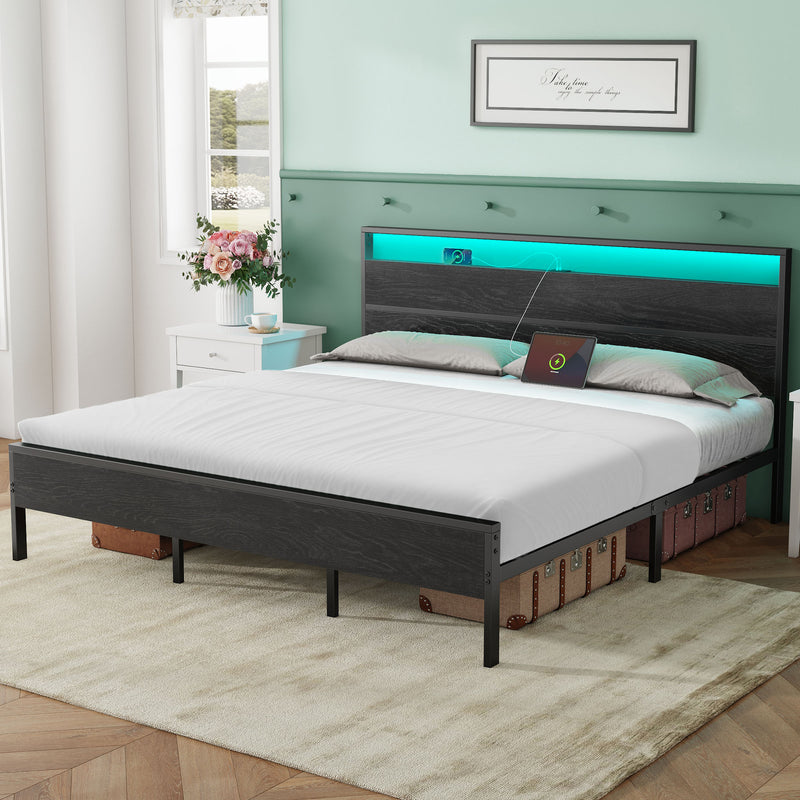 Greenstell LED Light Bed Frame with Storage Wooden Headboard & Charging Station, Metal Bed Platform