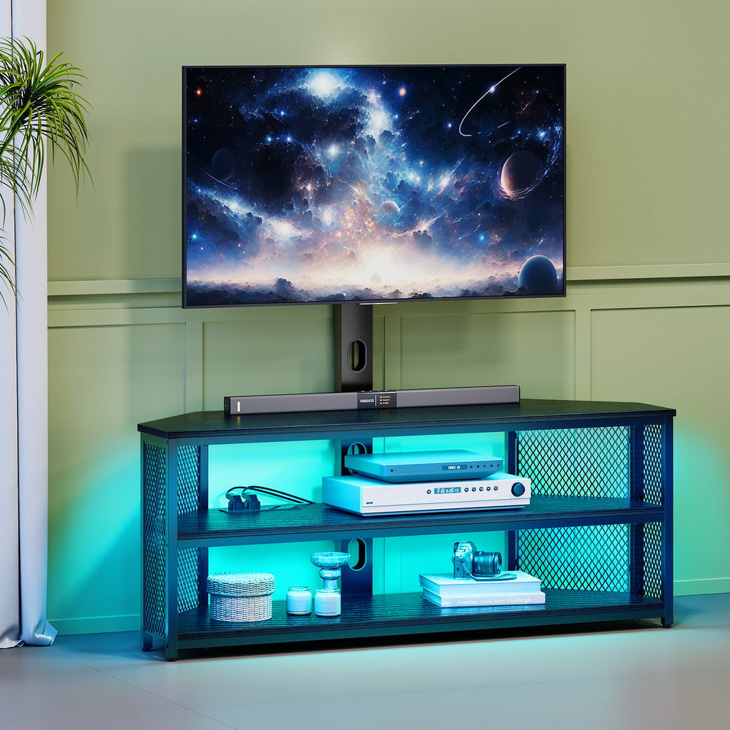 Greenstell Swivel TV Stand with Mount & Power Outlet - Height Adjustable Entertainment Center with LED Lights for 32-70 Inch TVs