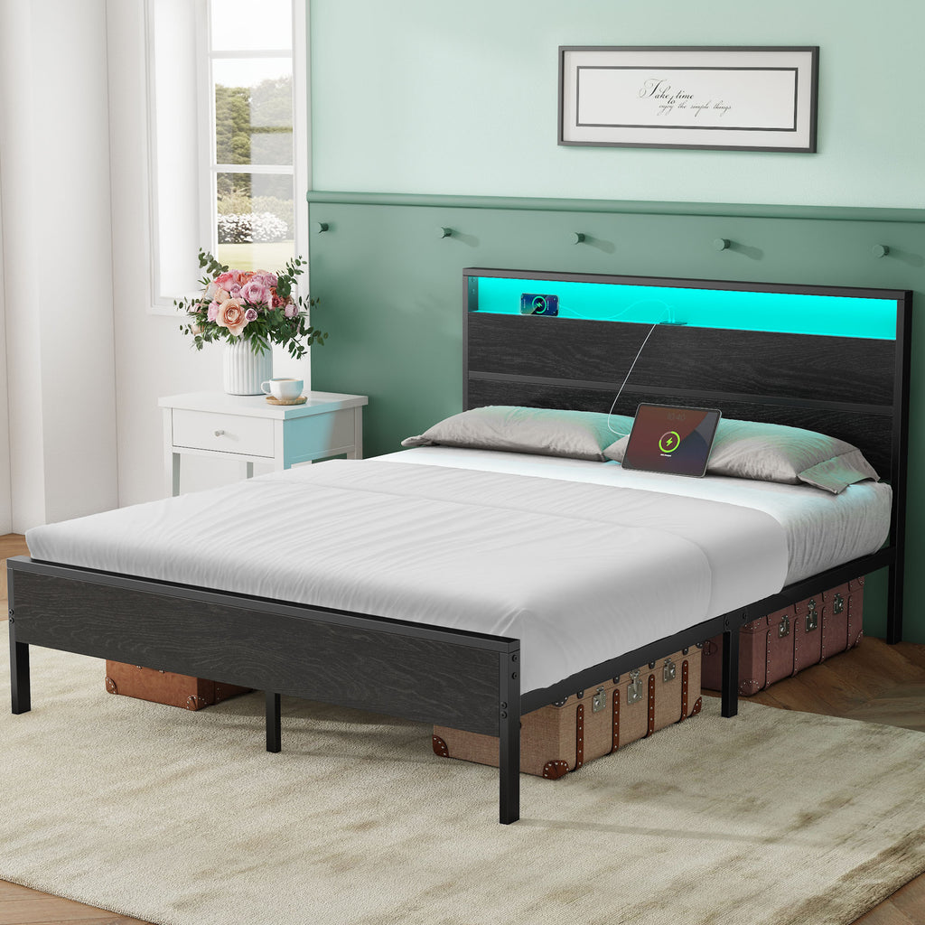 Greenstell LED Light Bed Frame with Storage Wooden Headboard & Charging Station, Metal Bed Platform