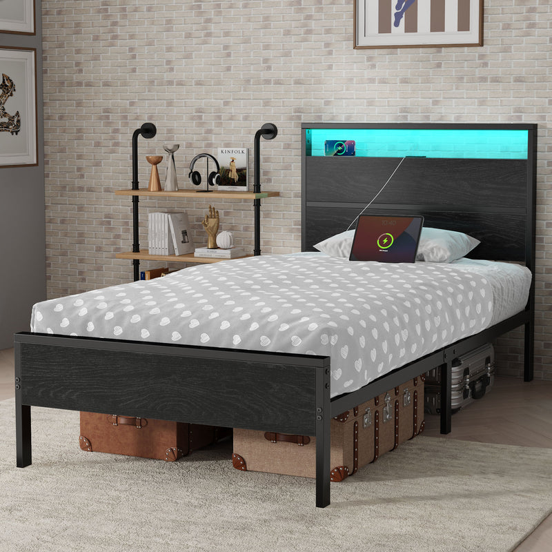 Greenstell LED Light Bed Frame with Storage Wooden Headboard & Charging Station, Metal Bed Platform