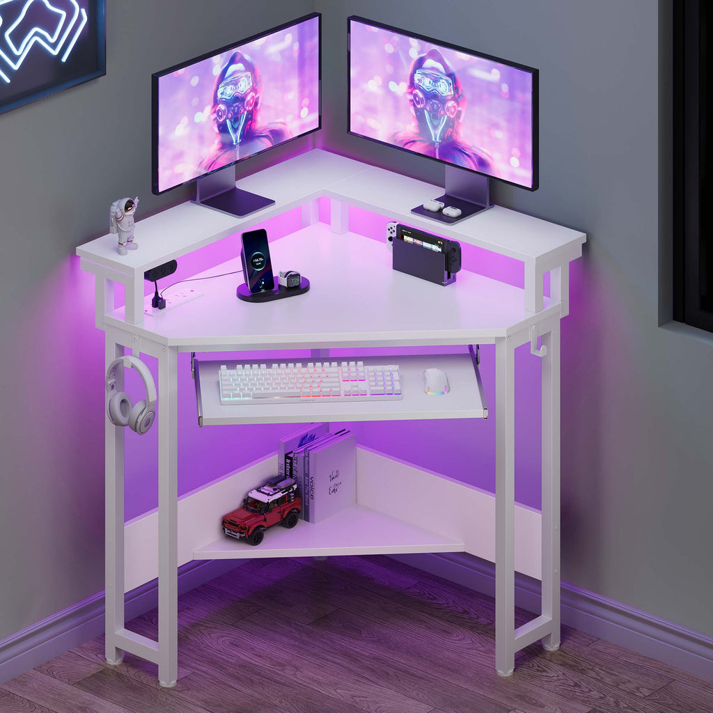Greenstell Corner Office Gaming Desk 44.5 Inches L-Shaped Computer Desk with Charging Hub & Ergonomic Stand for Small Spaces