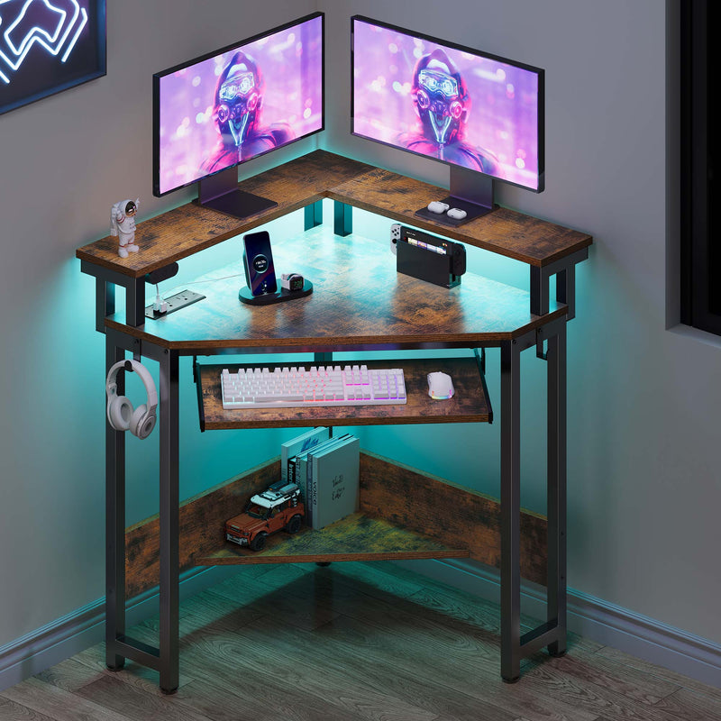 Greenstell Corner Office Gaming Desk 44.5 Inches L-Shaped Computer Desk with Charging Hub & Ergonomic Stand for Small Spaces