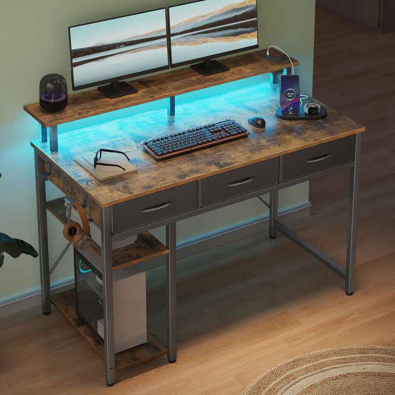 Greenstell Computer Desk with Built-in Outlets & LED, 3-Drawer Office Desk with Monitor Stand