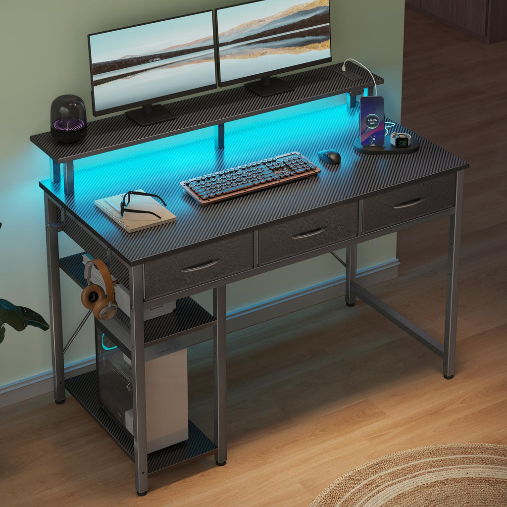 Greenstell Computer Desk with Built-in Outlets & LED, 3-Drawer Office Desk with Monitor Stand