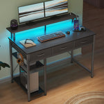 Greenstell Computer Desk with Built-in Outlets & LED, 3-Drawer Office Desk with Monitor Stand