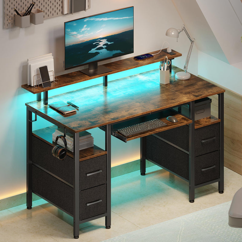 Greenstell Gaming Desk with LED Lights, I-Shaped Computer Desk with Storage Drawers, Outlets and Monitor Stand,Home Office Desk