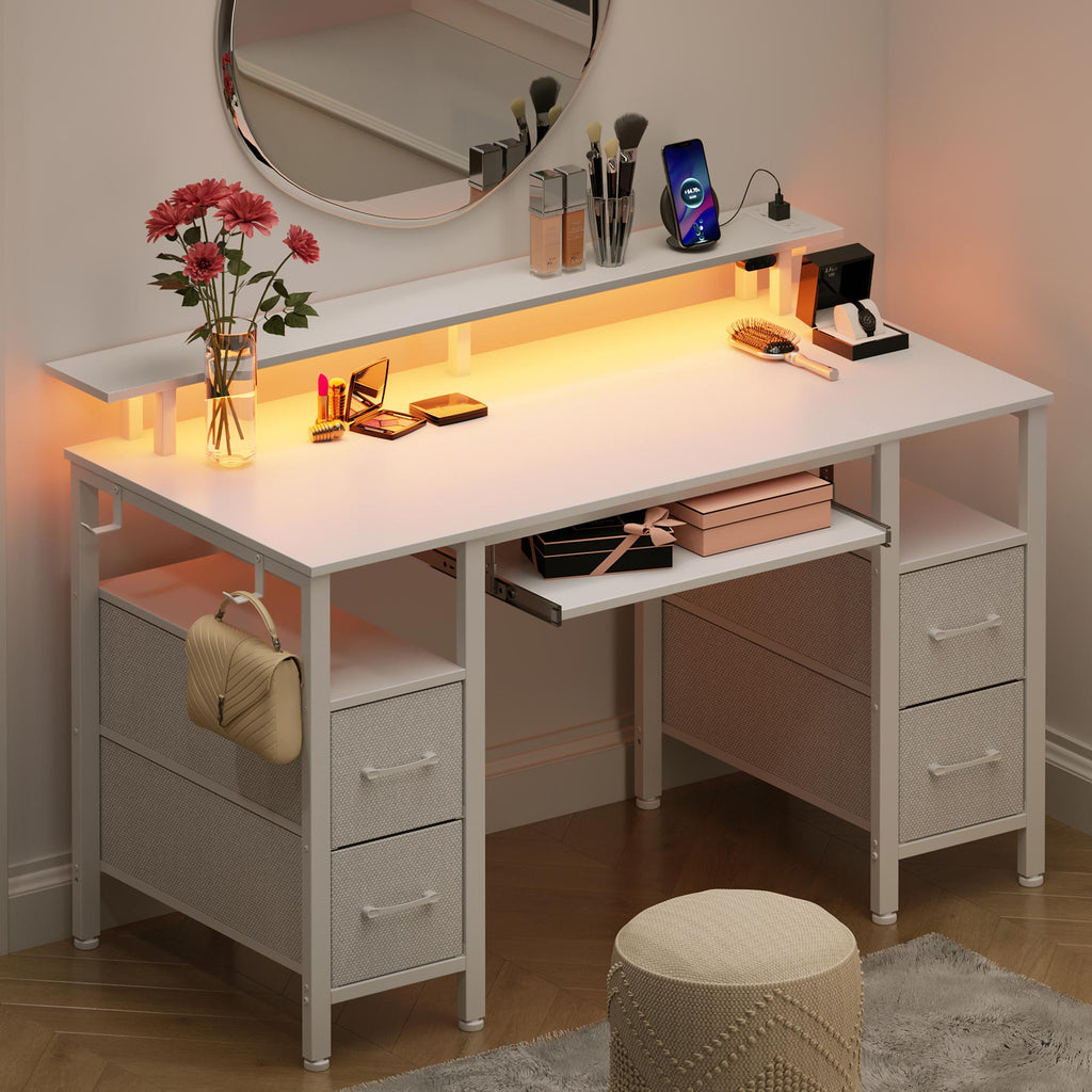 Greenstell Gaming Desk with LED Lights, I-Shaped Computer Desk with Storage Drawers, Outlets and Monitor Stand,Home Office Desk