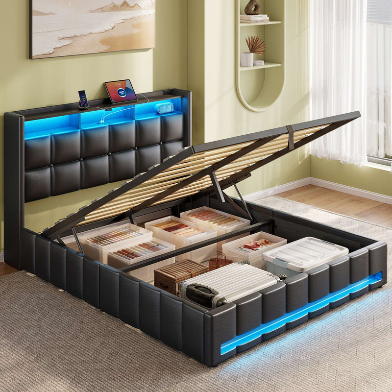 Greenstell Lift up Hydraulic Platform Storage Bed Frame with Led Light & Charging Station, Leather Channel Wingback Headboard