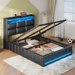 Greenstell Lift up Hydraulic Platform Storage Bed Frame with Led Light & Charging Station, Leather Channel Wingback Headboard