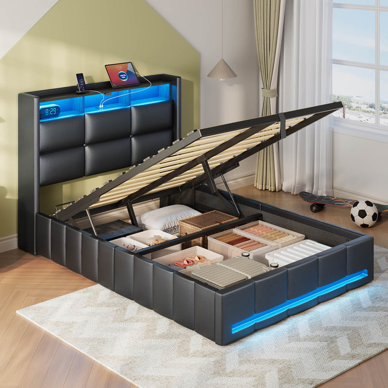 Greenstell Lift up Hydraulic Platform Storage Bed Frame with Led Light & Charging Station, Leather Channel Wingback Headboard