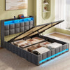 Greenstell Lift up Hydraulic Platform Storage Bed Frame with Led Light & Charging Station, Leather Channel Wingback Headboard