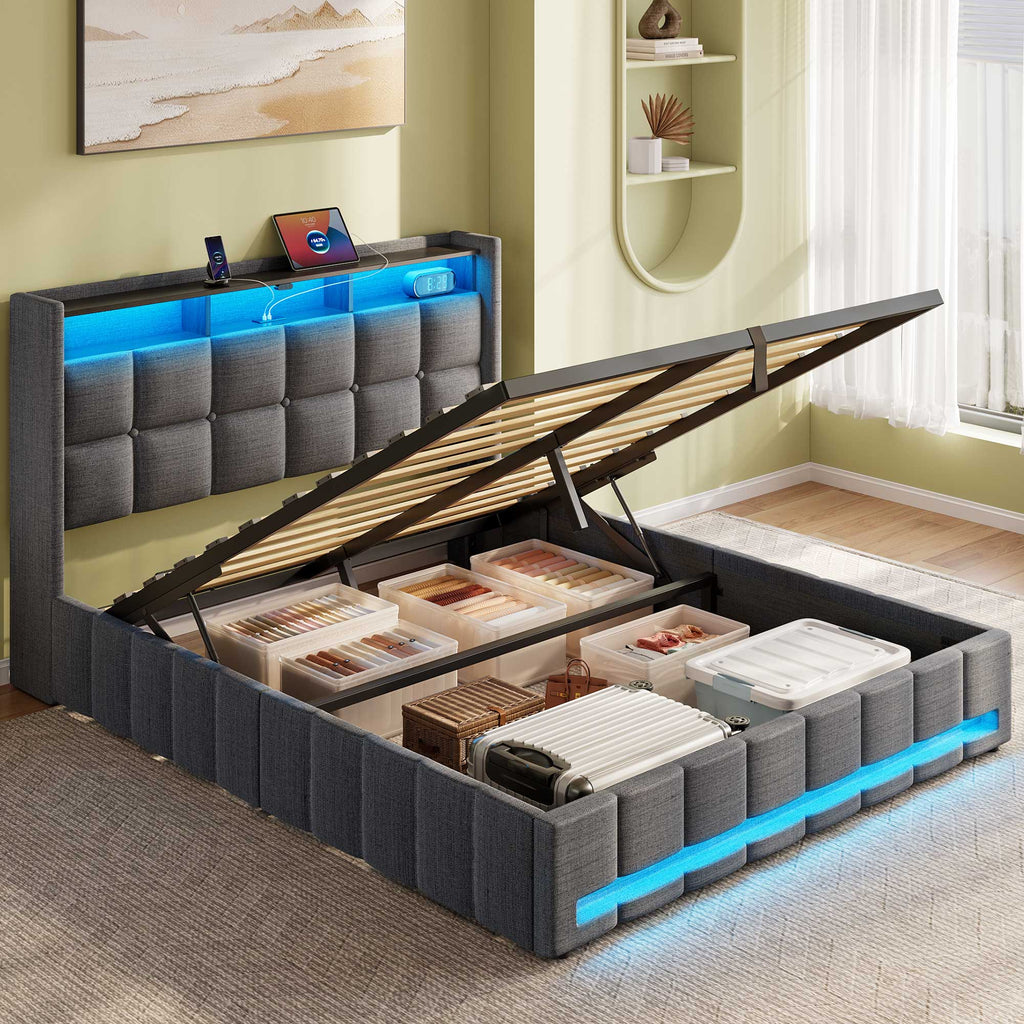 Greenstell Lift up Hydraulic Platform Storage Bed Frame with Led Light & Charging Station, Leather Channel Wingback Headboard