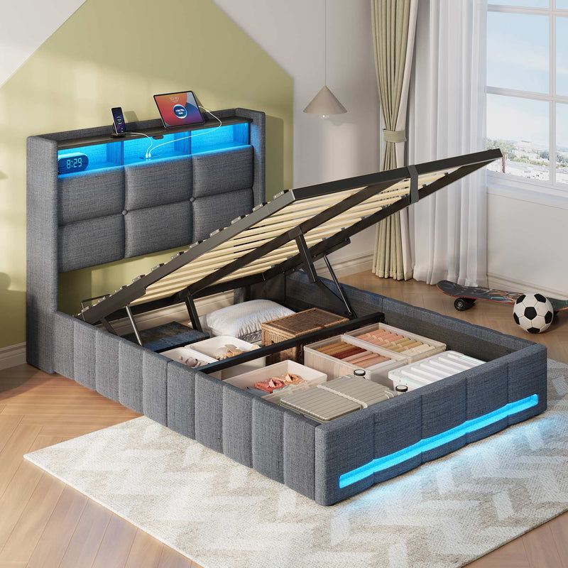 Greenstell Lift up Hydraulic Platform Storage Bed Frame with Led Light & Charging Station, Leather Channel Wingback Headboard