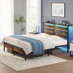 Greenstell Platform Bed Frame with Storage Headboard, LED Lights & USB Charging Station, Metal Bed Frame