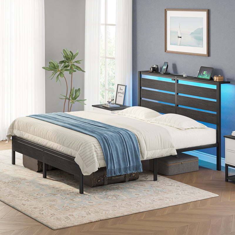 Greenstell Platform Bed Frame with Storage Headboard, LED Lights & USB Charging Station, Metal Bed Frame Black