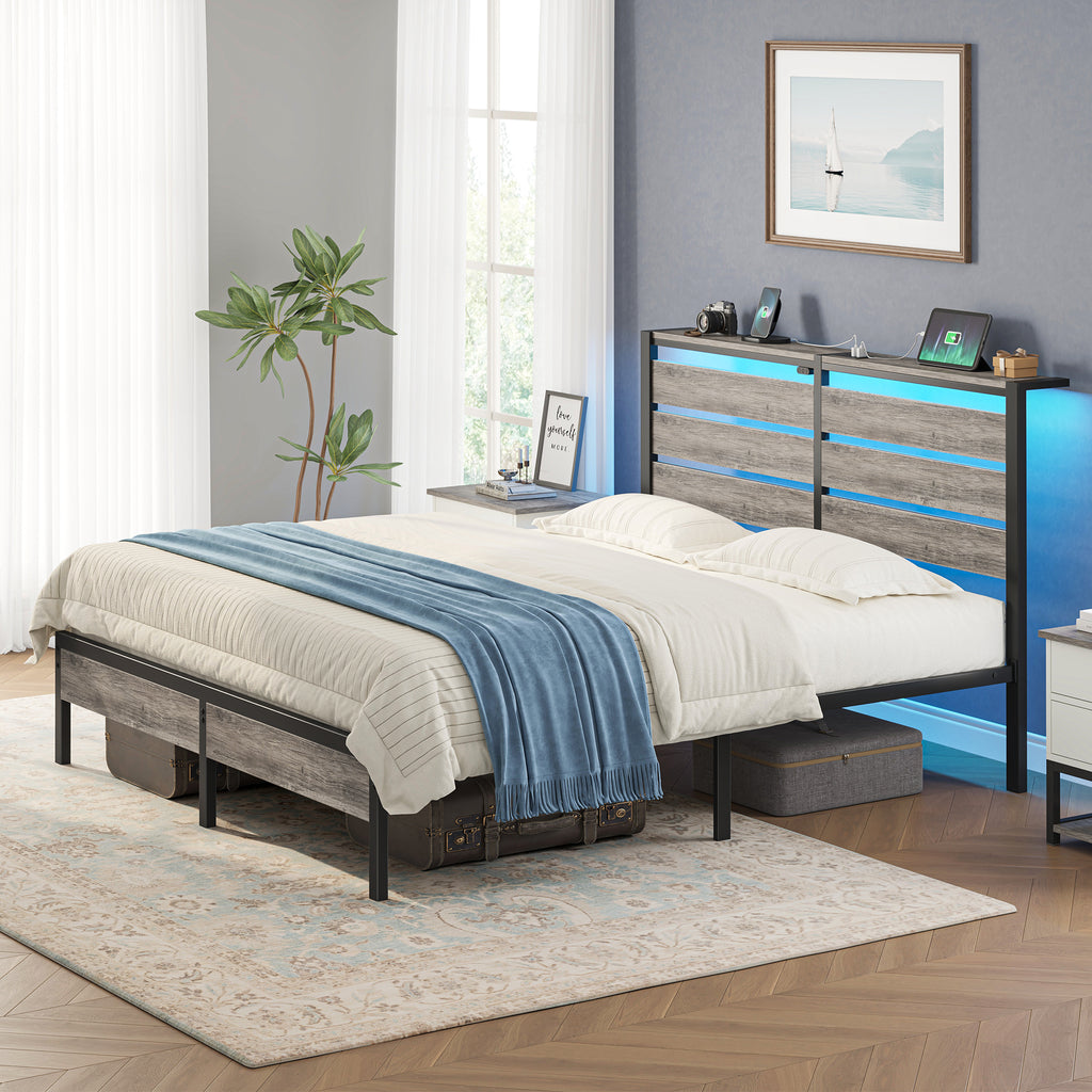 Greenstell Platform Bed Frame with Storage Headboard, LED Lights & USB Charging Station, Metal Bed Frame