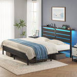 Greenstell Platform Bed Frame with Storage Headboard, LED Lights & USB Charging Station, Metal Bed Frame