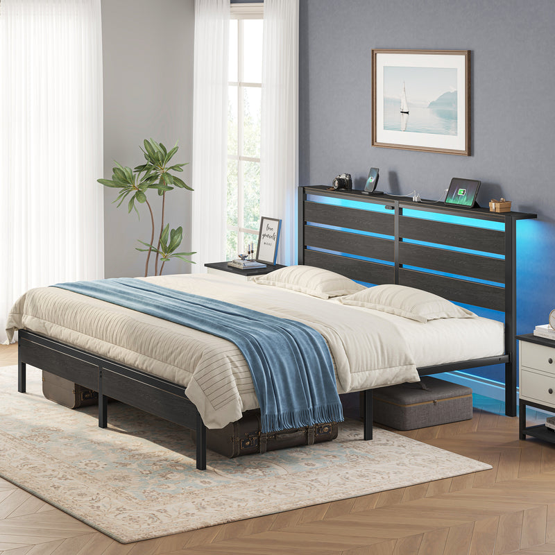 Greenstell Platform Bed Frame with Storage Headboard, LED Lights & USB Charging Station, Metal Bed Frame