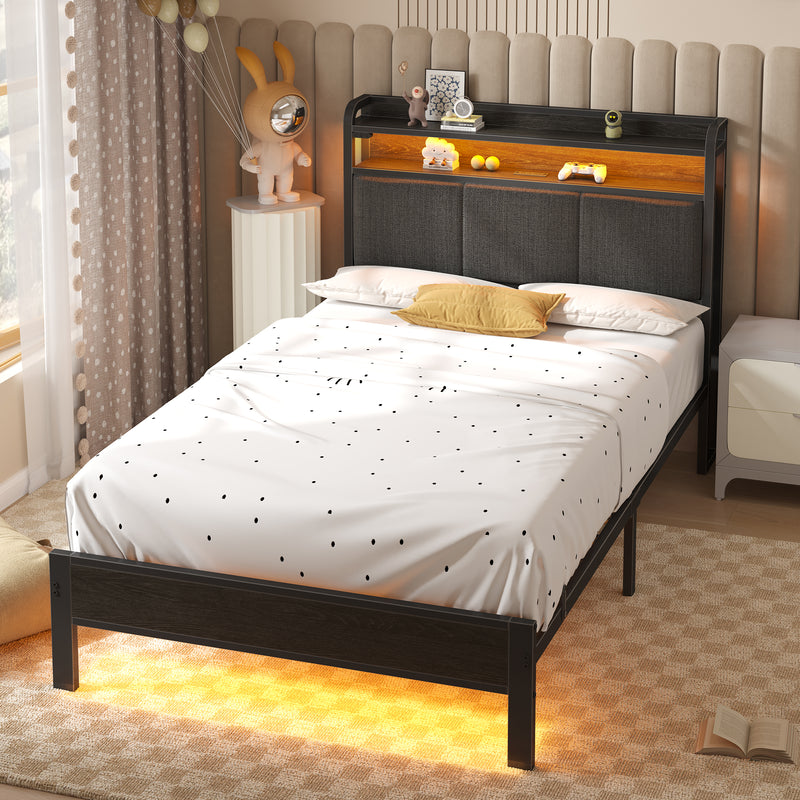 Greenstell Bed Frame with Storage Headboard, Upholstered Bed with Charging Station