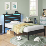 Greenstell Platform Bed Frame with Storage Headboard, LED Lights & USB Charging Station, Metal Bed Frame