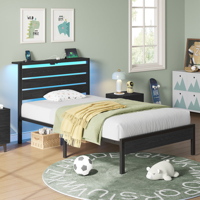 Greenstell Platform Bed Frame with Storage Headboard, LED Lights & USB Charging Station, Metal Bed Frame