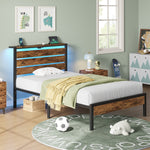 Greenstell Platform Bed Frame with Storage Headboard, LED Lights & USB Charging Station, Metal Bed Frame