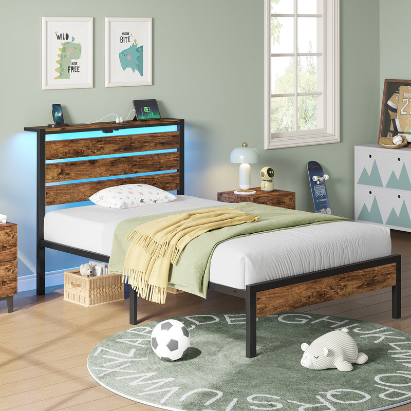 Greenstell Platform Bed Frame with Storage Headboard, LED Lights & USB Charging Station, Metal Bed Frame