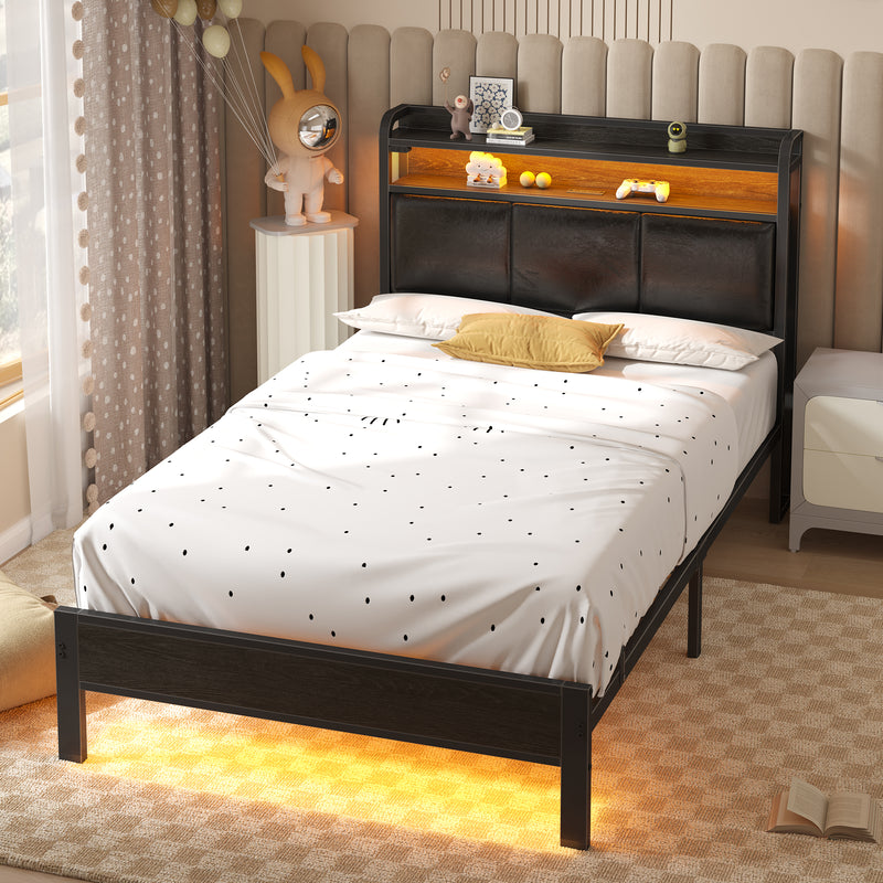 Greenstell Bed Frame with Storage Headboard, Upholstered Bed with Charging Station